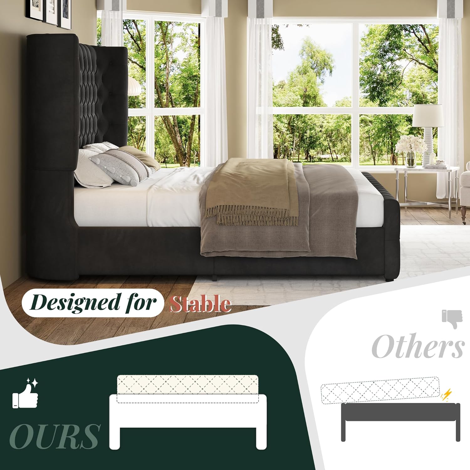Jocisland King Size Platform Bed Frame, 6.3' Thick Upholstered Curved Wingback Headboard and Footboard with Deep Button Tufted, Easy Assembly, No Box Spring Needed, Black Velvet
