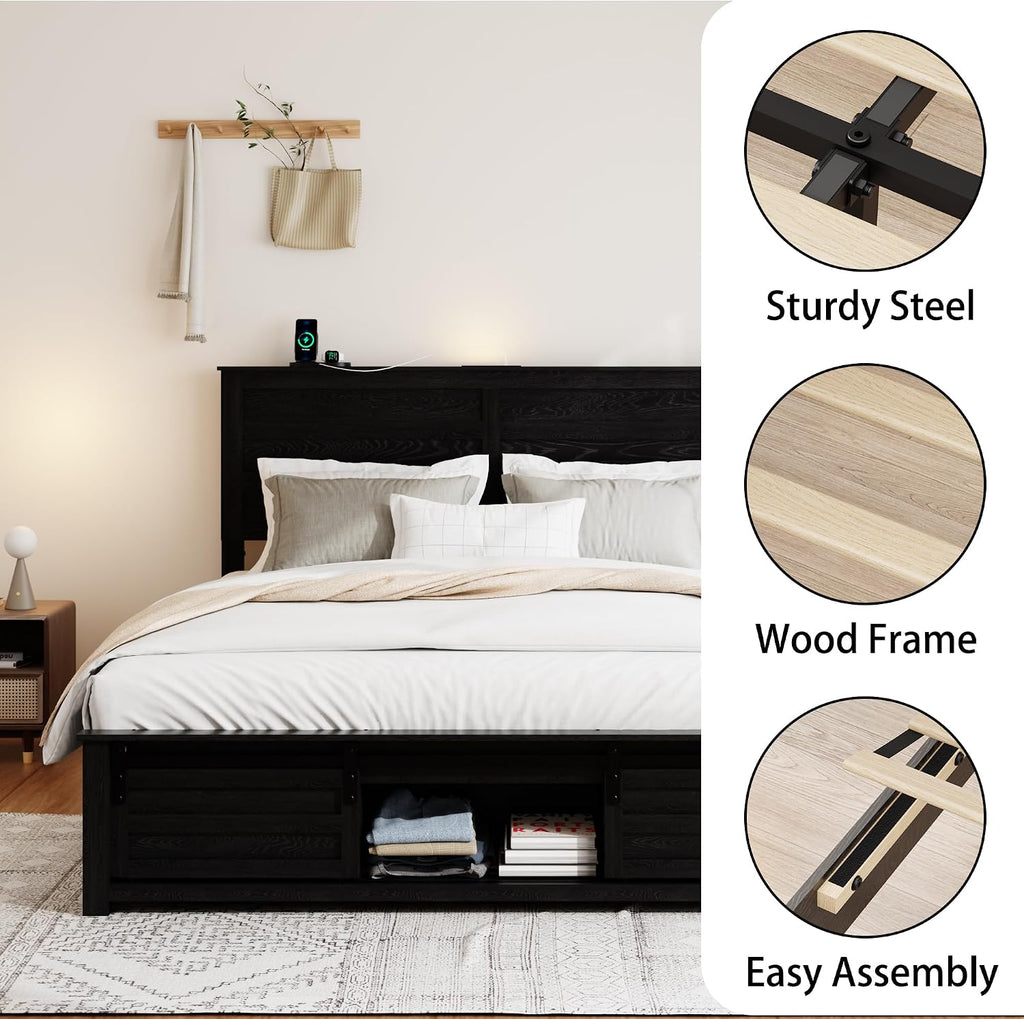 Wooden Full Size Bed Frame with Headboard, Classic Black Farmhouse Storage Bedframe with Sliding Barn Door Footboard and Charging Station, Wood Slats, No Box Spring Needed