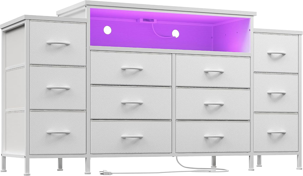 EnHomee 55' W Dresser for Bedroom with LED Lights & Charging Station 12 Drawer Dressers & Chests of Drawers Dresser TV Stand for Bedroom for Hanging 65' TV, Metal Frame & Fabric Drawers, White