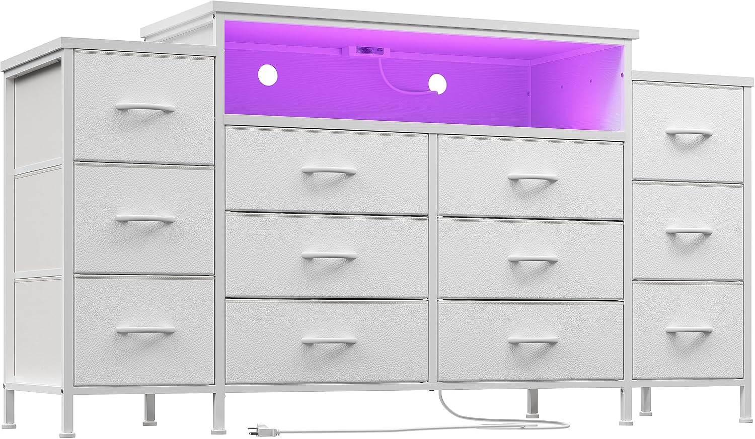 EnHomee 55' W Dresser for Bedroom with LED Lights & Charging Station 12 Drawer Dressers & Chests of Drawers Dresser TV Stand for Bedroom for Hanging 65' TV, Metal Frame & Fabric Drawers, White