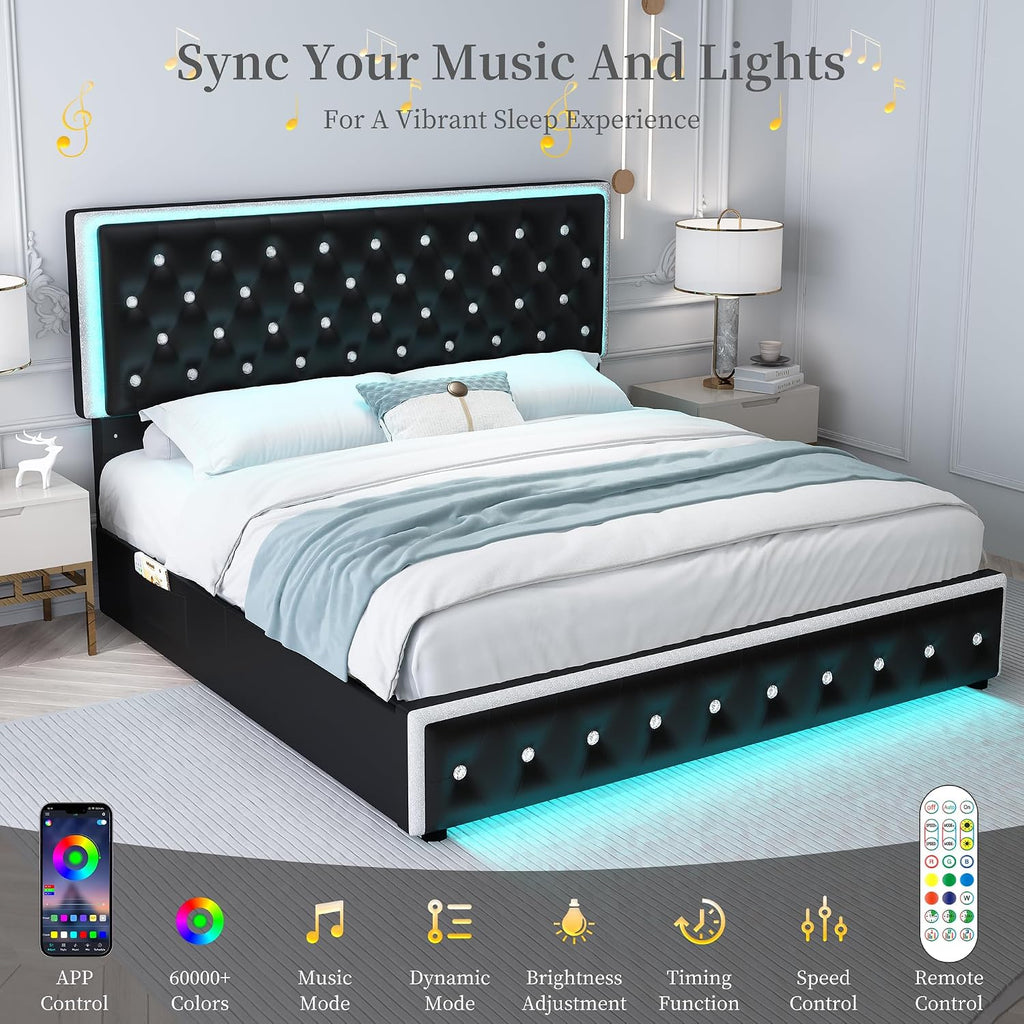 SIBEDS Queen LED Bed Frame with 2 Drawers, Storage Platform Beds with Upholstered Crystal Button Tufted Headboard Footboard, 2 Side Pockets, No Box Spring Needed, PU Black