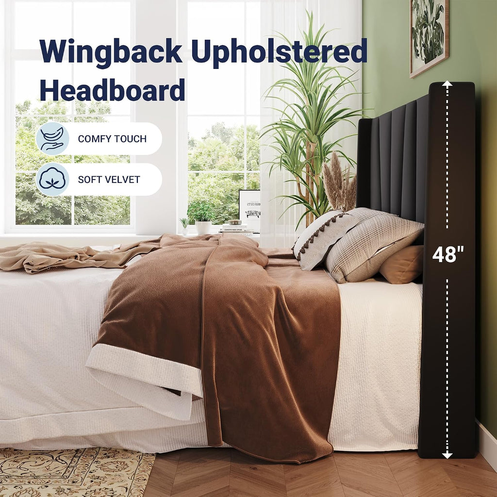 Allewie Queen Size Platform Velvet Bed Frame with Geometric Wingback Headboard, Boho Upholstered Bed with Wooden Slats Support, No Box Spring Needed, Easy Assembly, Black