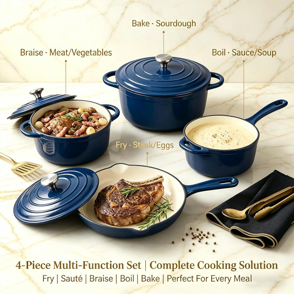 QuliMetal Enameled Cast Iron Cookware Set, 4-Piece Pots and Pans Set with Lids, 10.25' Skillet, 2QT Saucepan, 2.8QT & 4.8QT Dutch Ovens, Oven Safe to 500°F, All Stovetops Compatible - Navy Blue