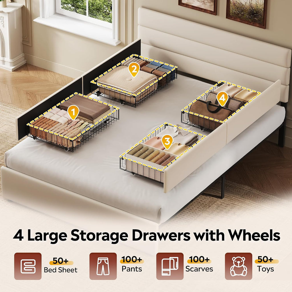 WLIVE Queen Size Upholstered Bed Frame with 4 Storage Drawers and Headboard, Velvet Platform Bedframe, Sturdy Metal & Wooden Slats Support, No Box Spring Needed, Easy Assembly, Beige