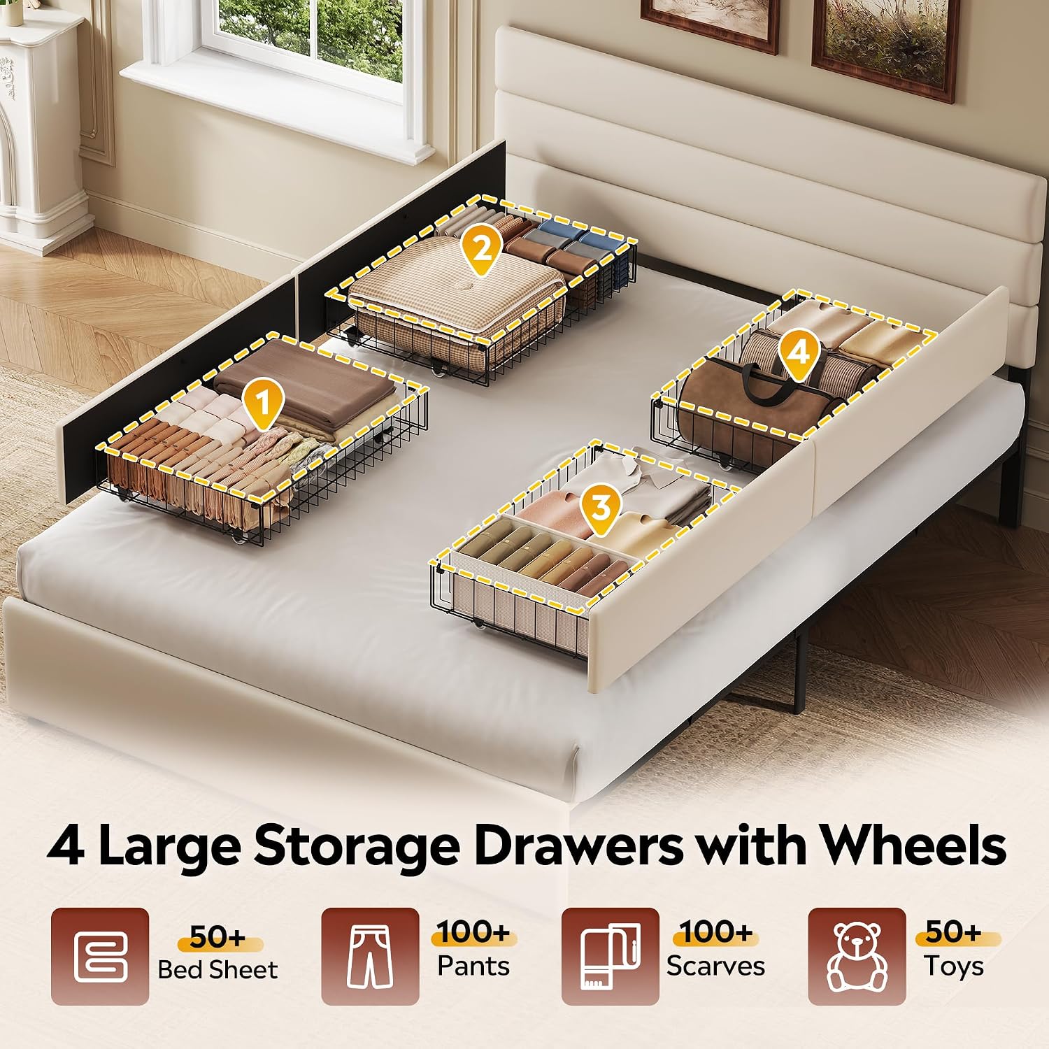 WLIVE Queen Size Upholstered Bed Frame with 4 Storage Drawers and Headboard, Velvet Platform Bedframe, Sturdy Metal & Wooden Slats Support, No Box Spring Needed, Easy Assembly, Beige