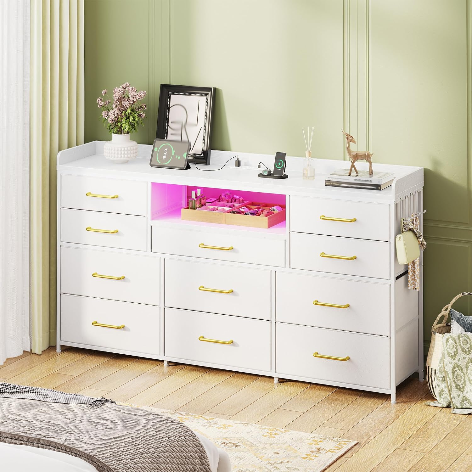 White Dresser for Bedroom with LED Lights & Charging Station & 4 Hooks 11 Drawer Dressers & Chests of Drawers Long Fabric Dresser TV Stand for 50 55 60 inch TV for Entryway 11.8'D x 47.2'W x 31.5'H