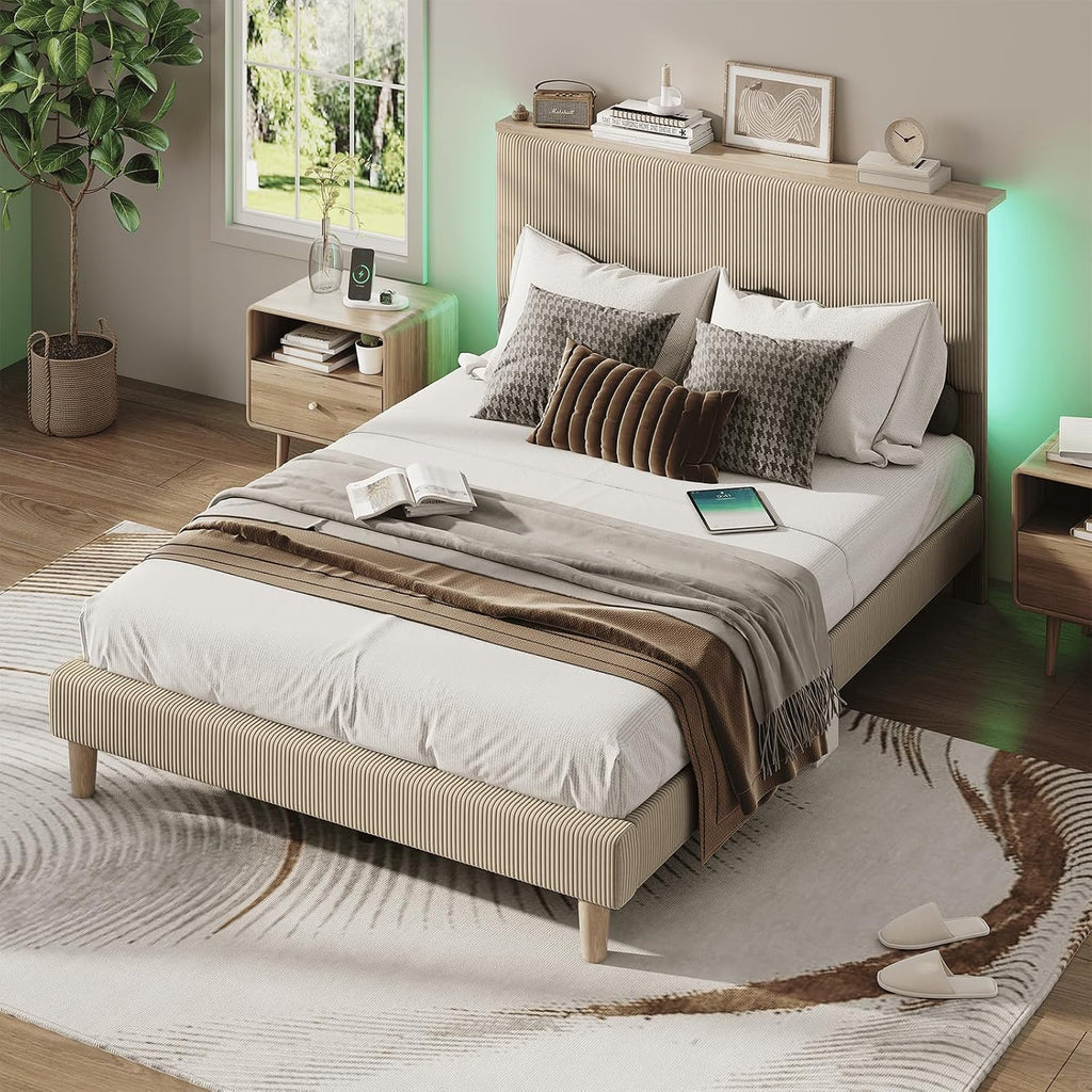 Bestier Queen Bed Frame with Adjustable Headboard & LEDLighting, Corduroy Upholstered Platform Bed Frame withStorage Shelf, Solid Wood Slats, No Box Spring Needed,Never Squeak, Easy Assembly, Taupe