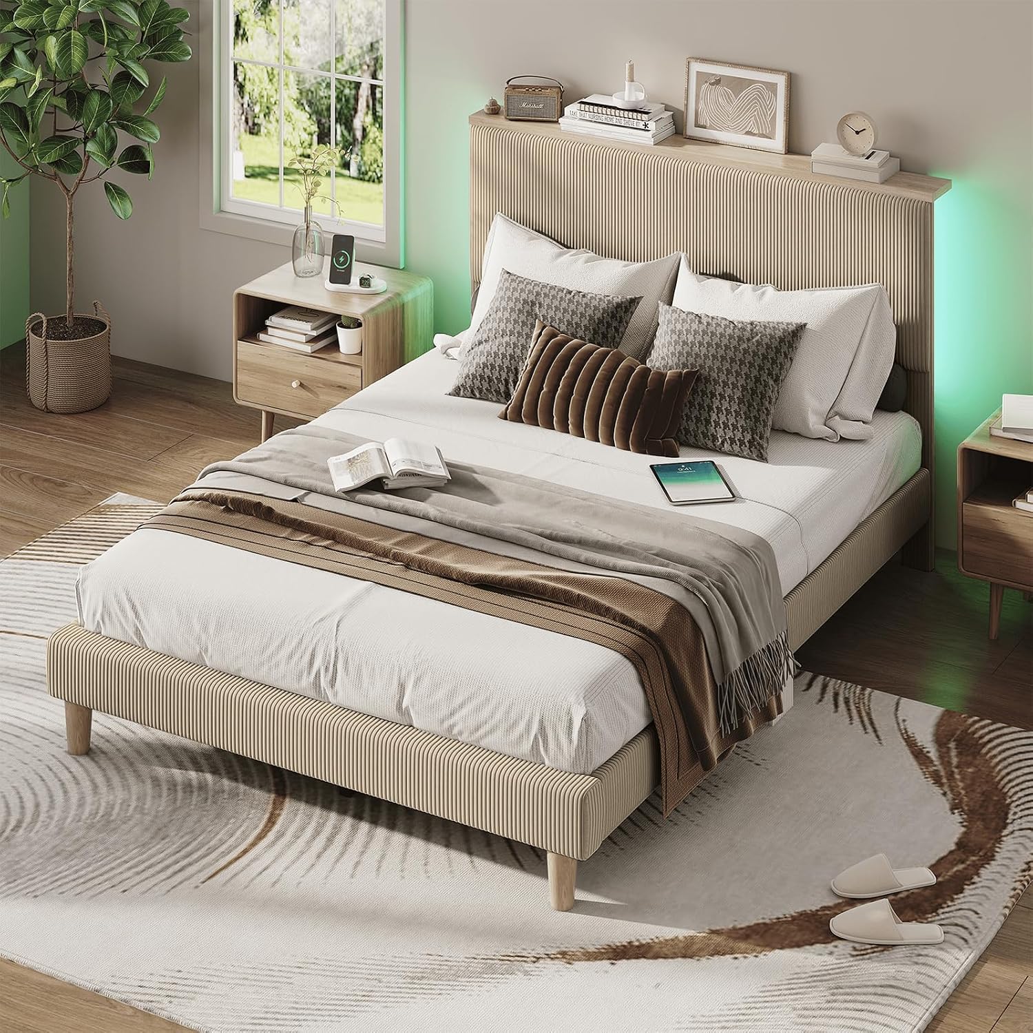 Bestier Queen Bed Frame with Adjustable Headboard & LEDLighting, Corduroy Upholstered Platform Bed Frame withStorage Shelf, Solid Wood Slats, No Box Spring Needed,Never Squeak, Easy Assembly, Taupe