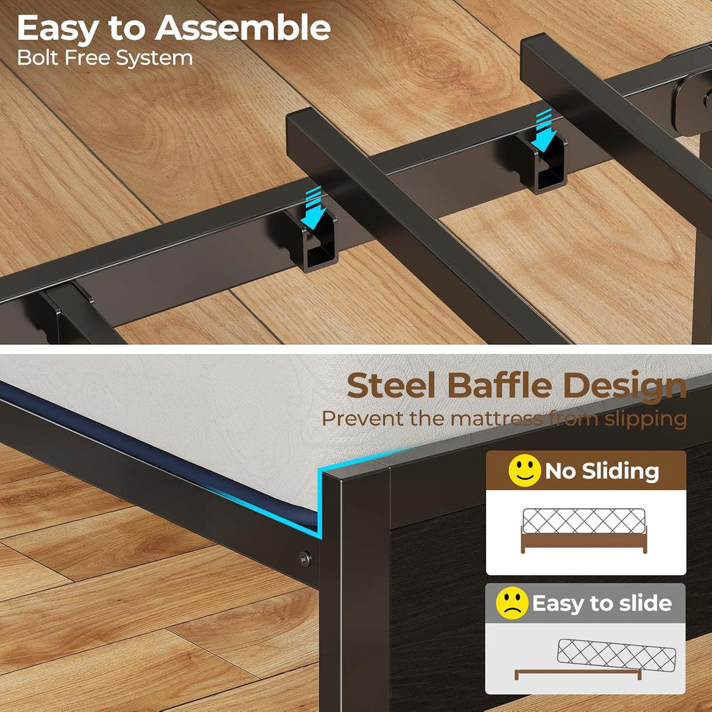 Rolanstar Bed Frame Twin Size with Charging Station and LED Lights, Upholstered Headboard with Storage Shelves, Heavy Duty Metal Slats, No Box Spring Need, Noise Free, Easy Assembly, Dark Grey