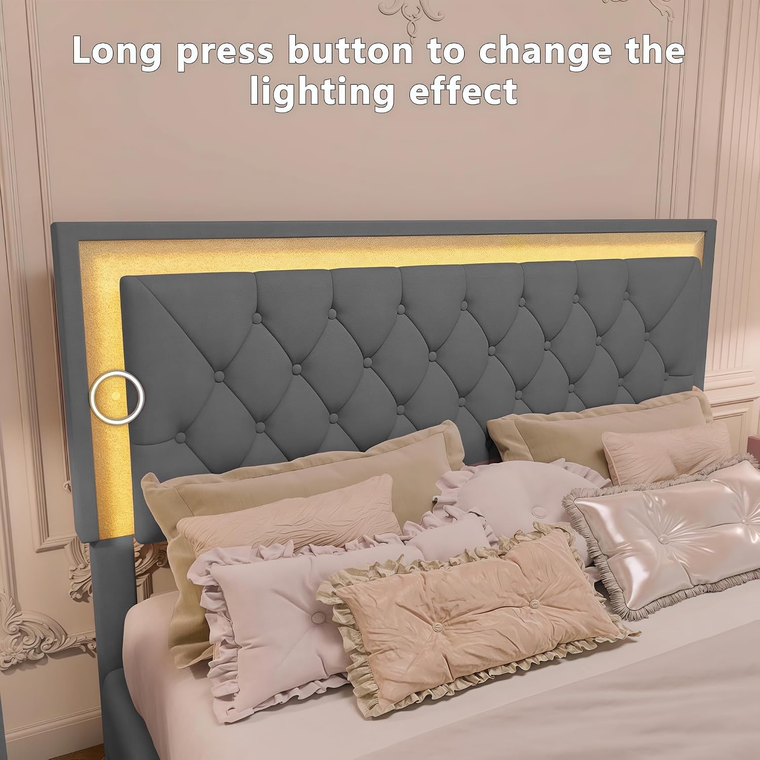 Merax 3 Pieces Bedroom Set, Queen Size Upholstered Platform Bed Frame with LED Lights and 2 Nightstands,Farmhouse Bedroom Furniture Set,Gray