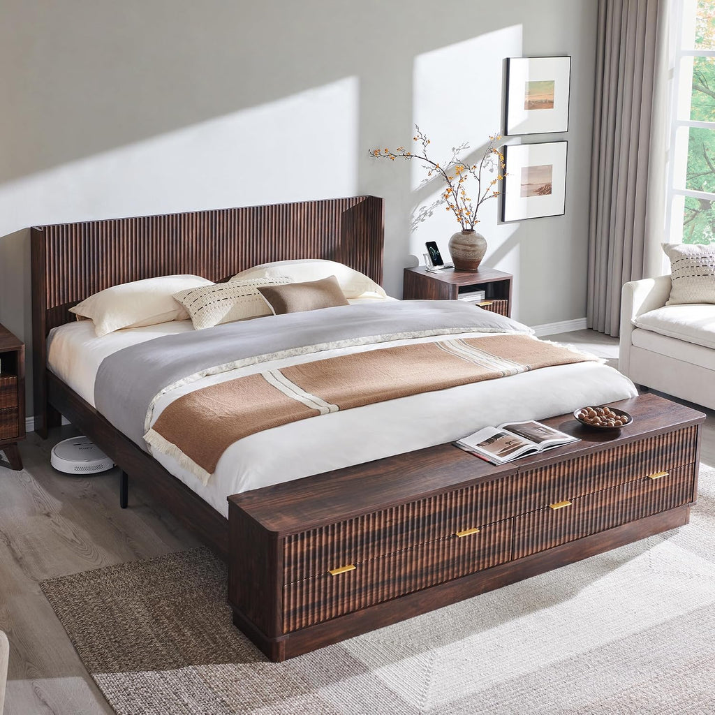 T4TREAM Fluted King Size Bed Frame with Wingback Headboard, Footboard Storage Bench with Built-in Drawers & Lift-Up Compartments, Wood & Steel Platform Bed, No Box Spring Needed, Dark Walnut