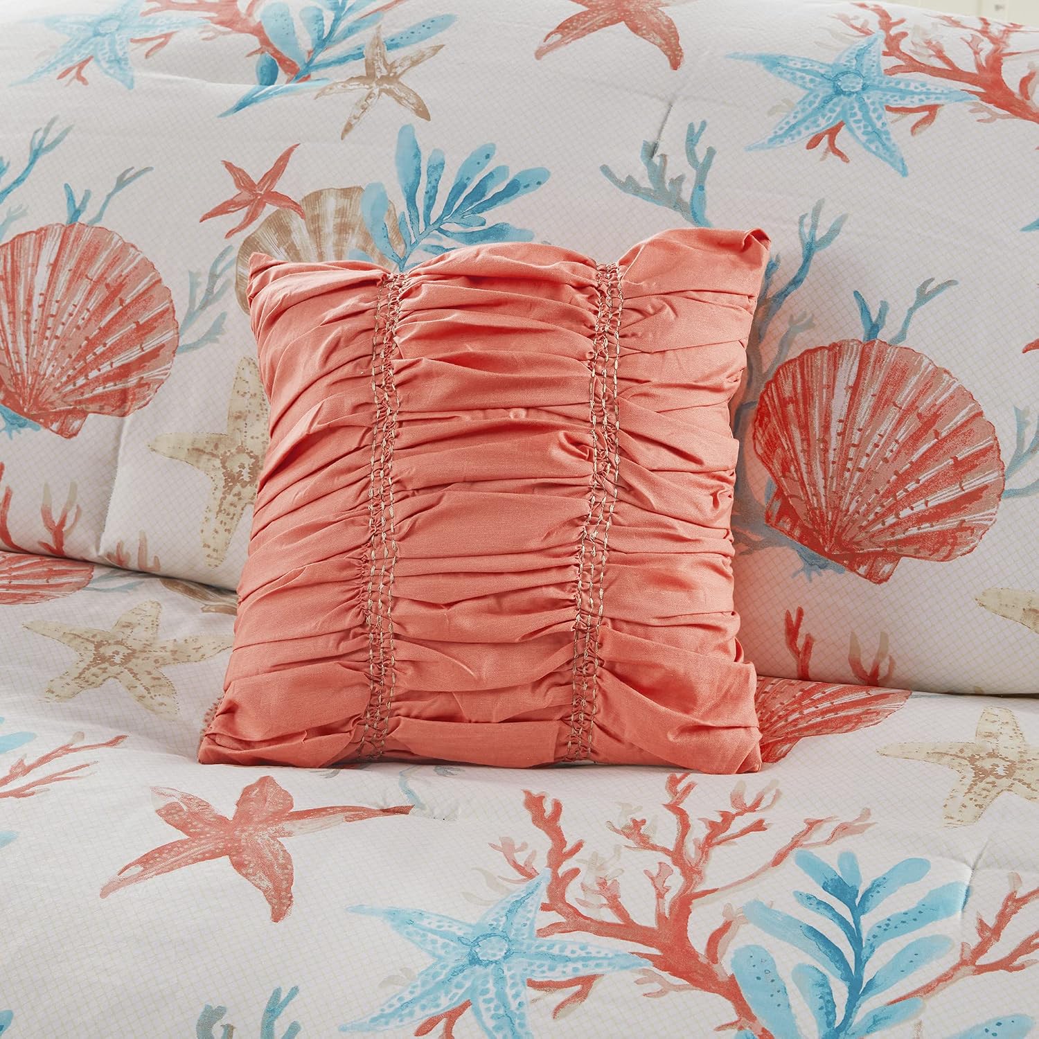 Madison Park 100% Cotton Comforter Set - Coastal Coral, Starfish Design All Season Down Alternative Cozy Bedding with Matching Shams, Decorative Pillow, Queen(90'x90'), Teal 7 Piece