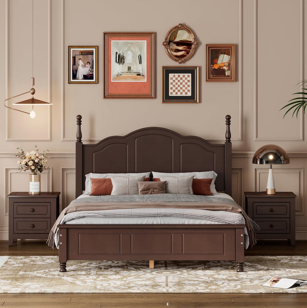 Merax 3 Pieces Modern Rustic Wood Bedroom Furniture Set with Full Size Bed Frame, 2 Night Stands with Drawers, Easy Assemble Dark Walnut