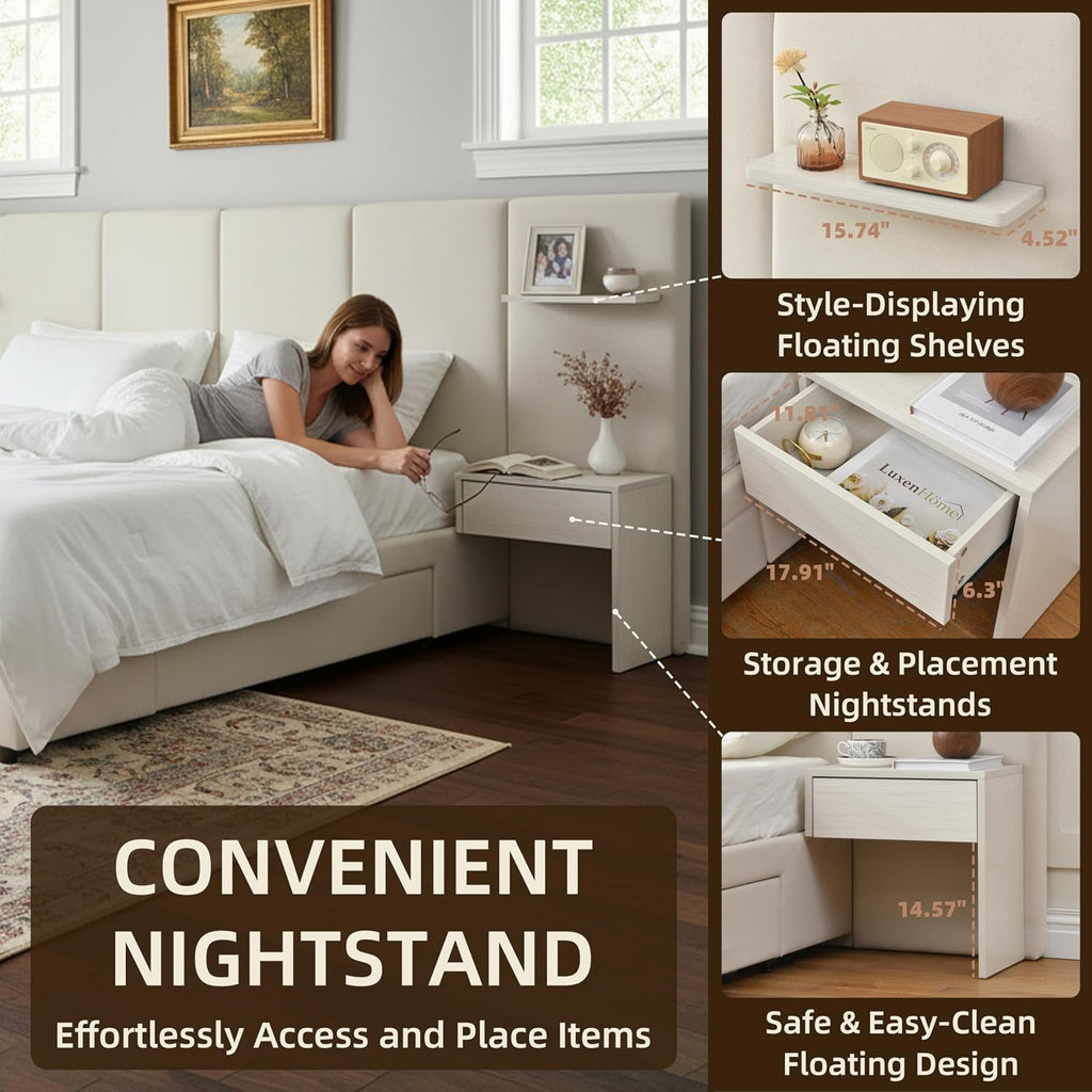 Queen Bed Frame with Storage & Built-in Nightstands, Velvet Upholstered Platform Bed Frame with Drawers & 2 Floating Storage Shelves, Noise-Free, No Box Spring Needed, Easy Assembly, Beige