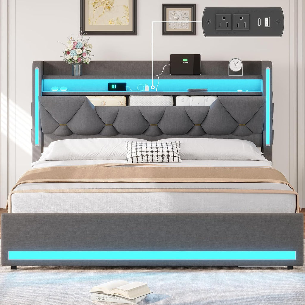 BYSAUD Queen Bed Frame with Storage Headboard, Bed Frame Queen Size, Upholstered Platform Bed Frame with LED Lights and Charging Station, No Noise, No Box Spring Needed, Dark Gray, Linen