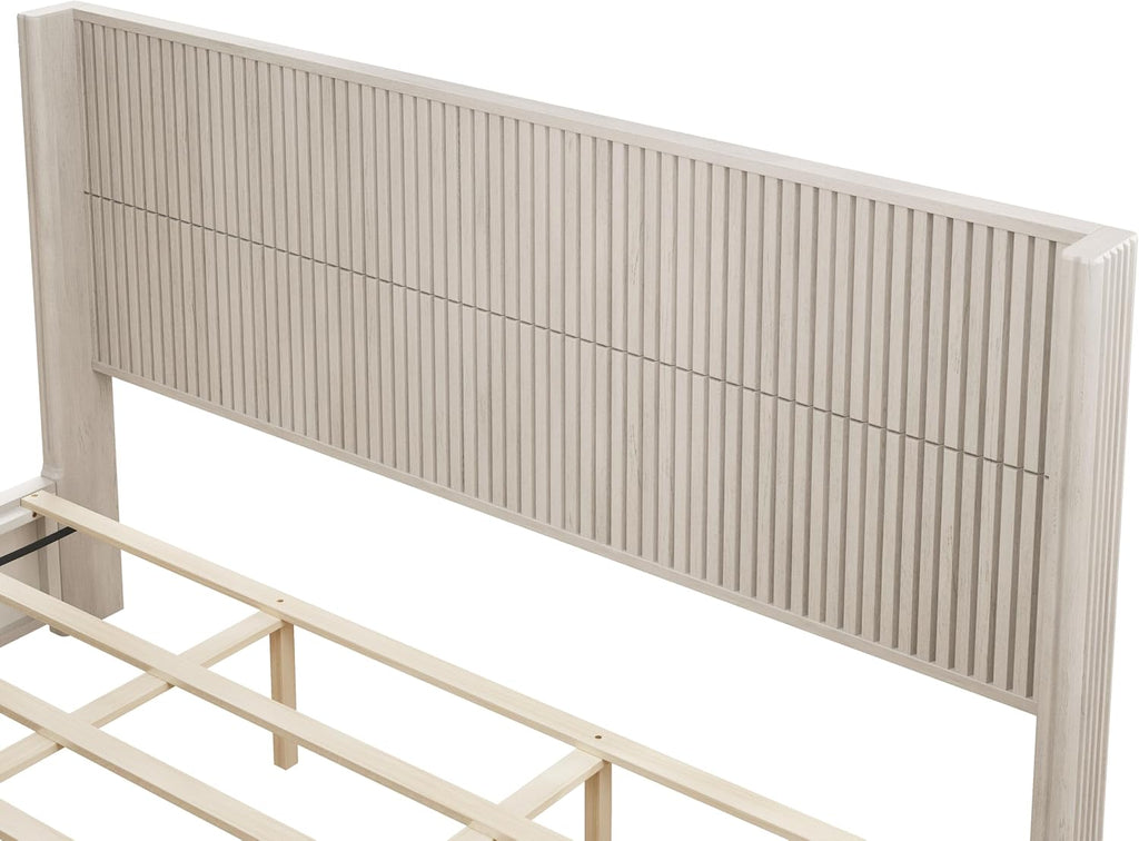Ball & Cast Fluted King Bed Frame with Wingback Headboard,Solid Wood Platform Bed Frame King Size with Wood Slats, No Box Spring Needed, Easy Assembly,Beige