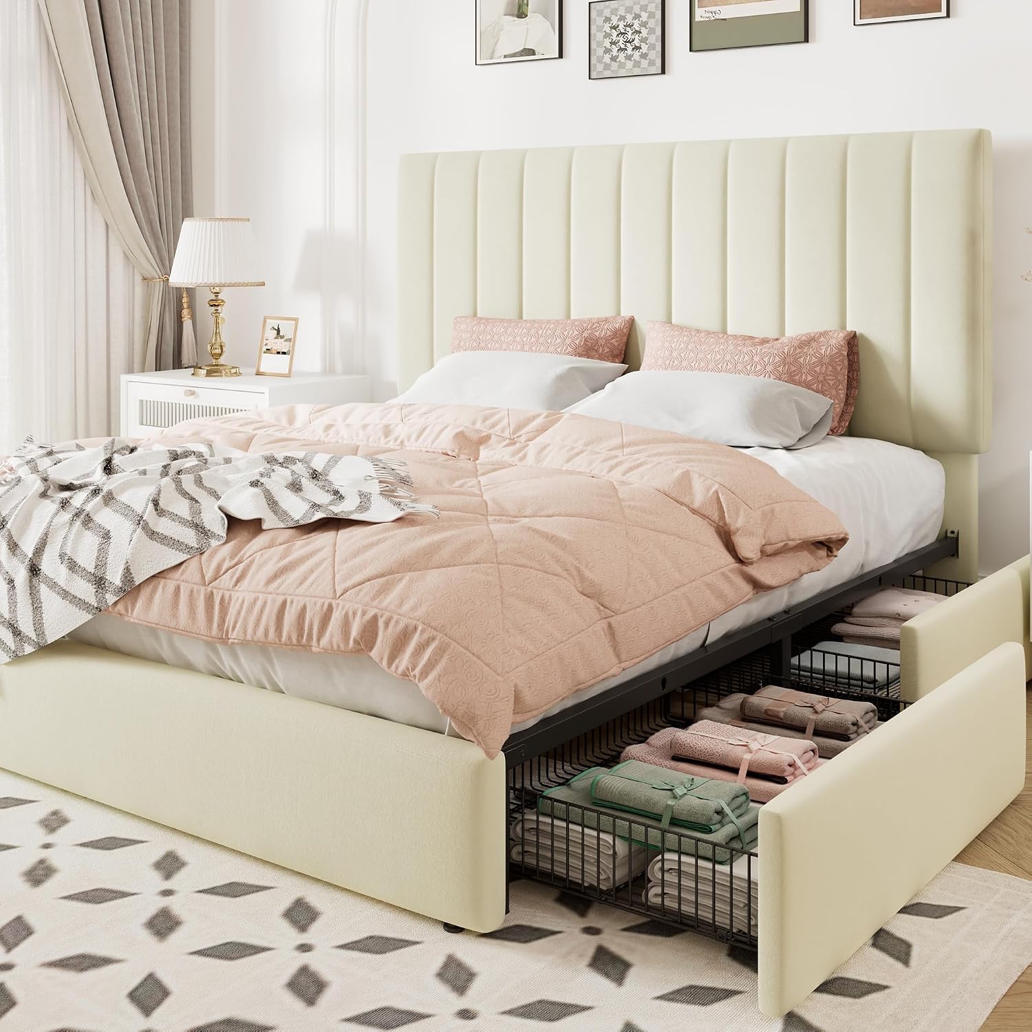 Allewie Queen Size Storage Bed Frame, Vertical Channel Tufted Adjustable Headboard, Velvet Upholstered Platform Bed with 4 Oversized Underbed Drawers, Wooden Slats Support, No Box Spring Needed, Cream