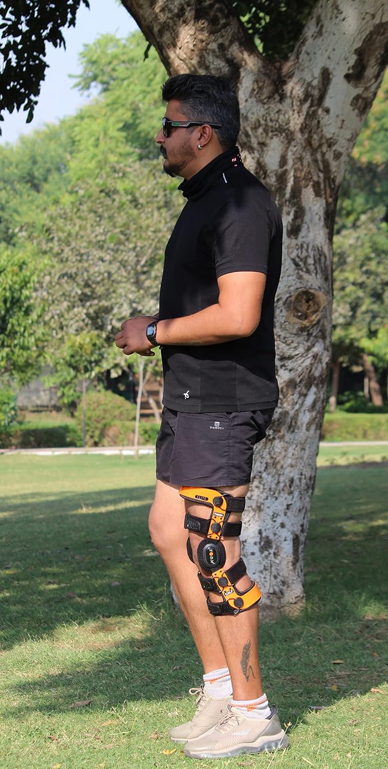 ELITE Orthopedic Knee Support Brace Adjustable Stainless-Steel Hinges, Side Stabilizer Knee brace for Ligament, Sports Injuries, Arthritis OA, Osteoarthritis Pain Relief Unisex, Orange (Size 5)