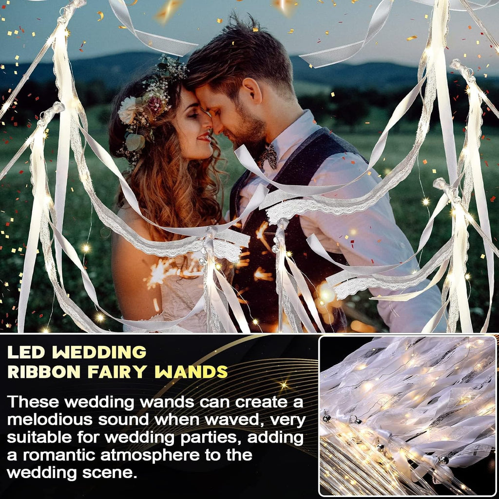 Unittype 200 Pieces Light up Wands for Wedding Silk Streamer with Bell LED Fairy Ribbon Fairy Wand Glow in the Dark Flashing Lace Sticks Wedding Birthday Party Decoration (Ivory & Warm White LED)