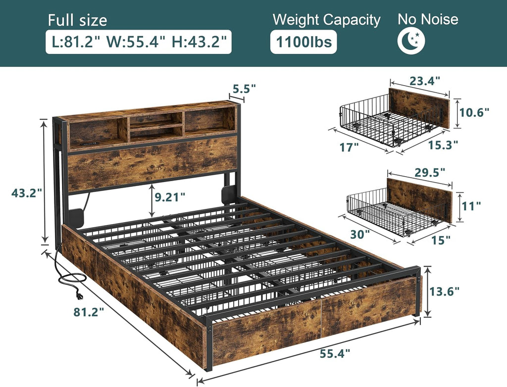 EnHomee Full Size Bed Frame with 6 Storage Drawers, Headboard & Charging Station, Noise-Free Metal Platform Bed, No Box Spring Needed,Vintage Brown