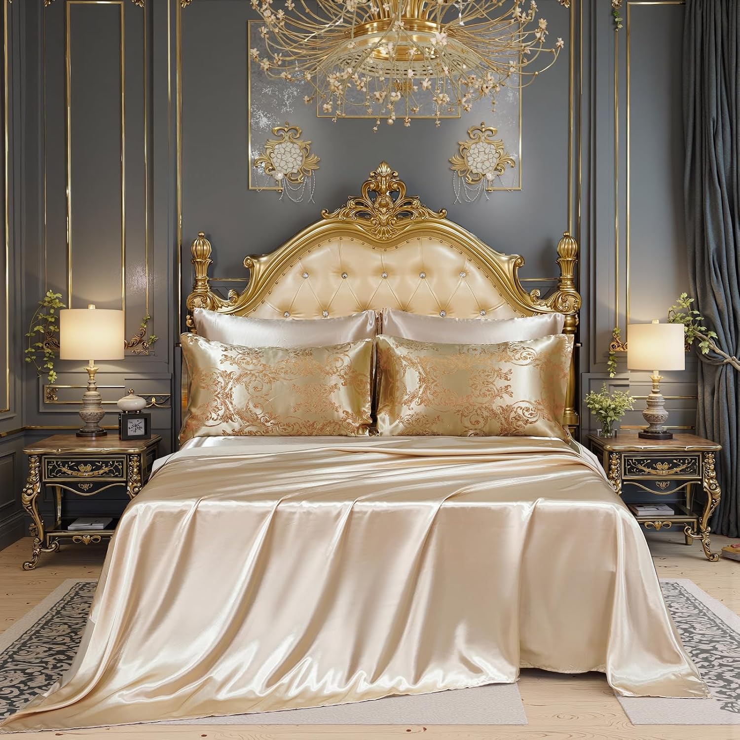 King Size 8-Piece Jacquard Comforter Set with Satin Sheets Set – Elegant Coordinated Bedding Collection for Bedroom Gold Bed-in-a-Bag