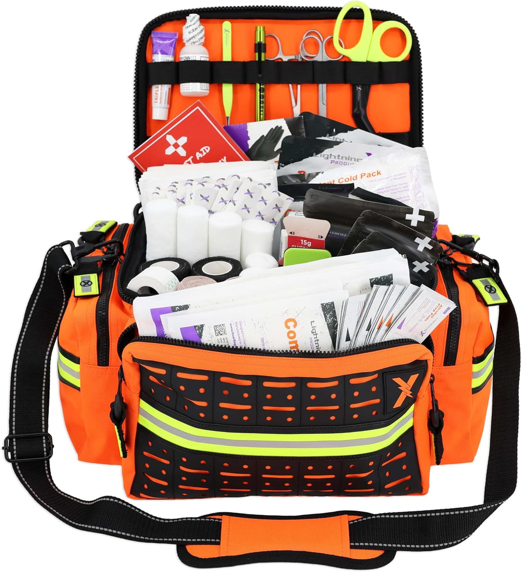 Lightning X Products Lightning X Mid-Sized First Responder EMT Bag | LXMB25 Fully Stocked Aid Kit w/ 200+ BLS Supplies - Orange
