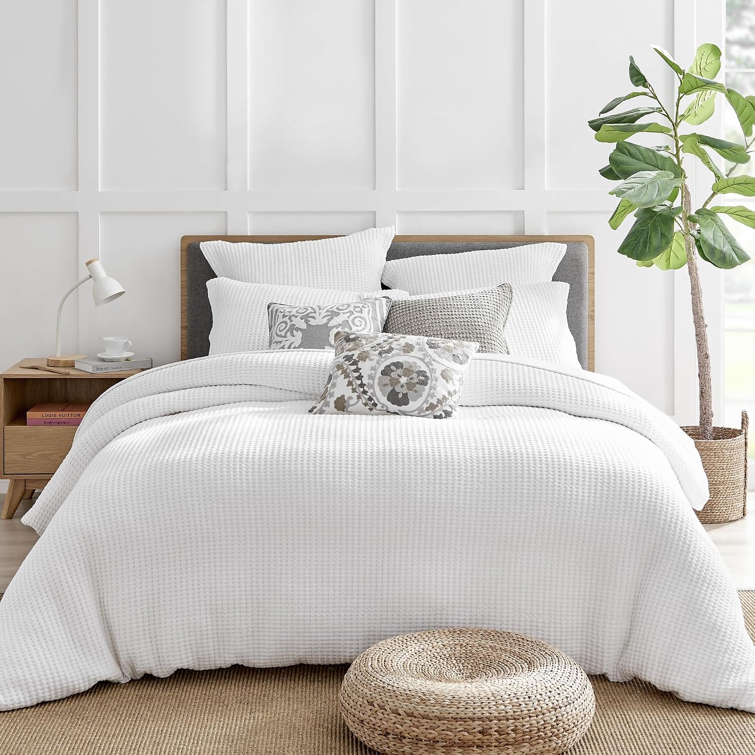 Levtex Home Mills Waffle Queen Duvet Cover Set (90x94in) with 2 Pillow Shams (26x20in) - Bright White - 100% Cotton Queen Size Duvet Cover Set - Soft, Pre-Washed