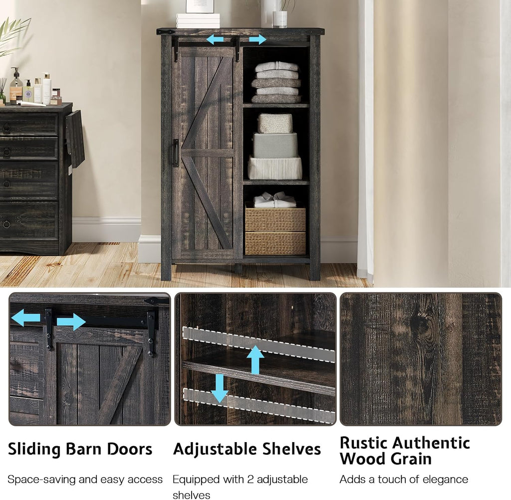 LUXOAK 3 Pieces Bedroom Set - Includes 60' Farmhouse Dresser, 48' Chest of Drawers with Sliding Barn Doors, 48' Tall Storage Cabinet with 5 Drawers, Oak Black