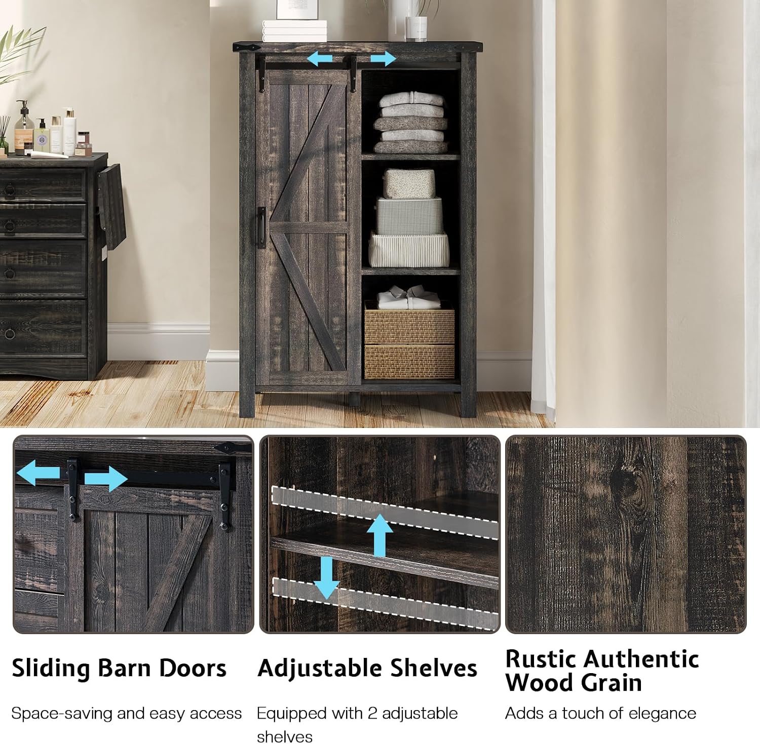 LUXOAK 3 Pieces Bedroom Set - Includes 60' Farmhouse Dresser, 48' Chest of Drawers with Sliding Barn Doors, 48' Tall Storage Cabinet with 5 Drawers, Oak Black