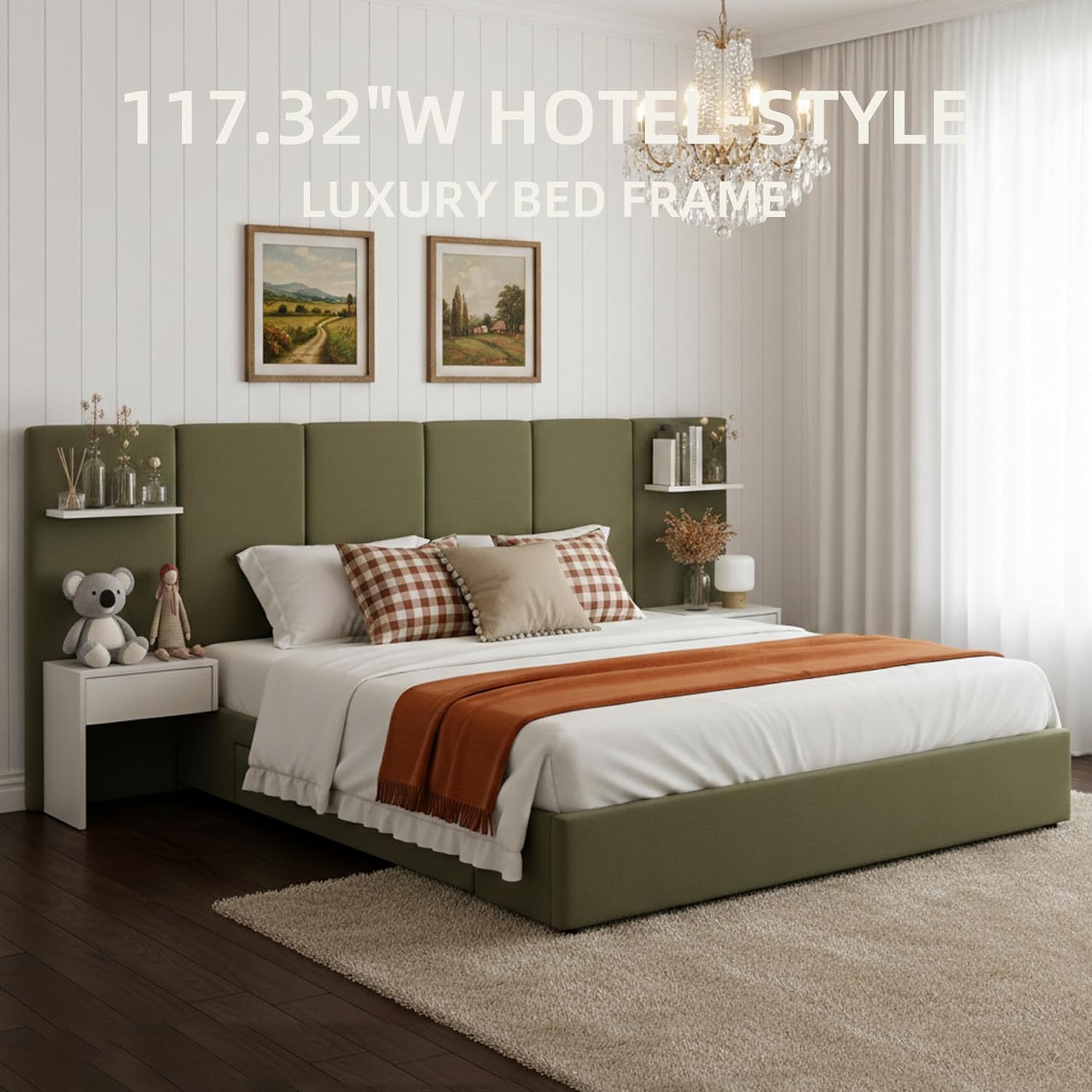King Bed Frame with Storage & Built-in Nightstands, Velvet Upholstered Platform Bed Frame with Drawers & 2 Floating Storage Shelves, Noise-Free, No Box Spring Needed, Easy Assembly, Green