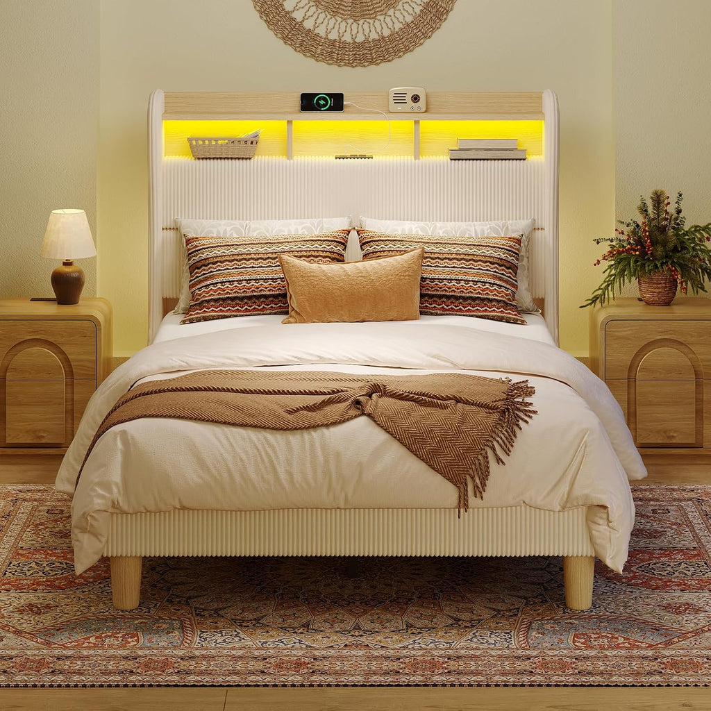 Bestier Queen Size Upholstered Wingback Bed Frame with 51' High Headboard Corduroy Fabric RGB LED Lights, Charging Station Dual Storage Shelves Modern Off White Platform Bed No Box Spring Needed