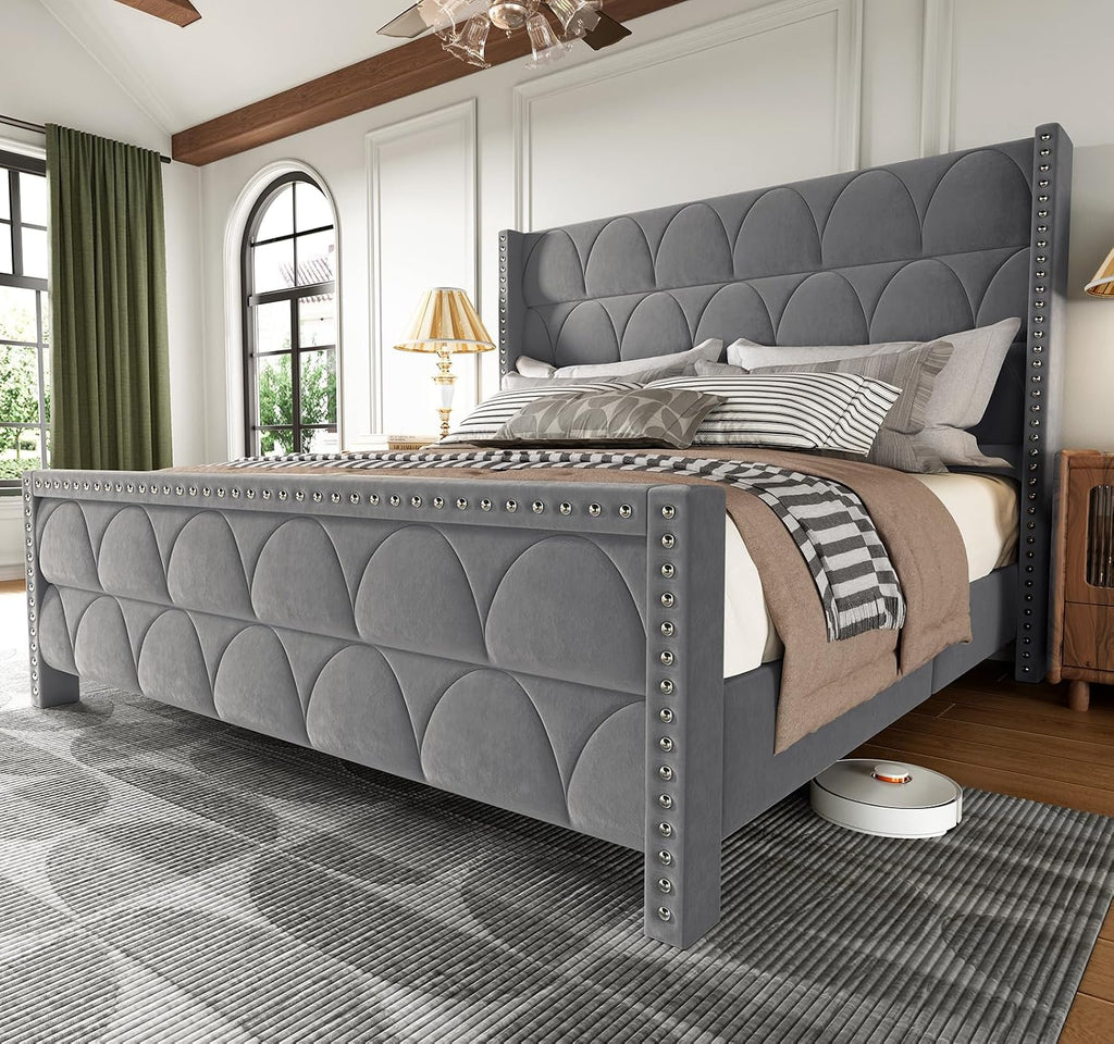 OHOHOLIVE King Size Bed Frame with 56' Headboard - Velvet Upholstered Wingback Platform Bed Frame, Noise Free, Sturdy Wooden Slat Support (Deep Gray, King)