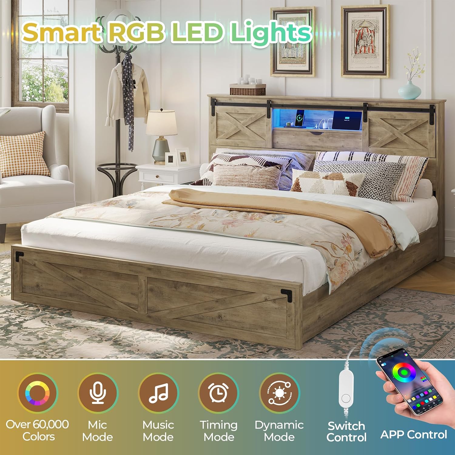 Hasuit Farmhouse Bed Frame California King Size with Storage Bookcase Headboard, Wooden Cal King Bed with LED Lights, Charging Station, 2 Drawers, Country Rustic Bed Frame with Sliding Barn Door