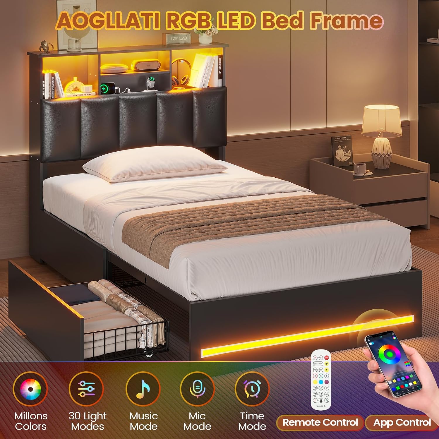 AOGLLATI Twin Bed Frame with 4 Storage Drawers & Charging Station & LED Lights, Twin Bed Frames with Stylish Bookcase Headboard, Led Bed Frame with Metal Slats, No Box Spring Needed,Black