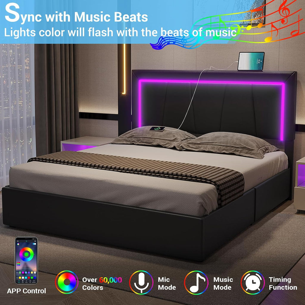 DICTAC Queen Bed Frame with Headboard and 4 Storage Drawers, Modern Faux Leather Upholstered Platform Bed Frame Queen Size with LED Lights and USB Ports, No Box Spring Needed, Black