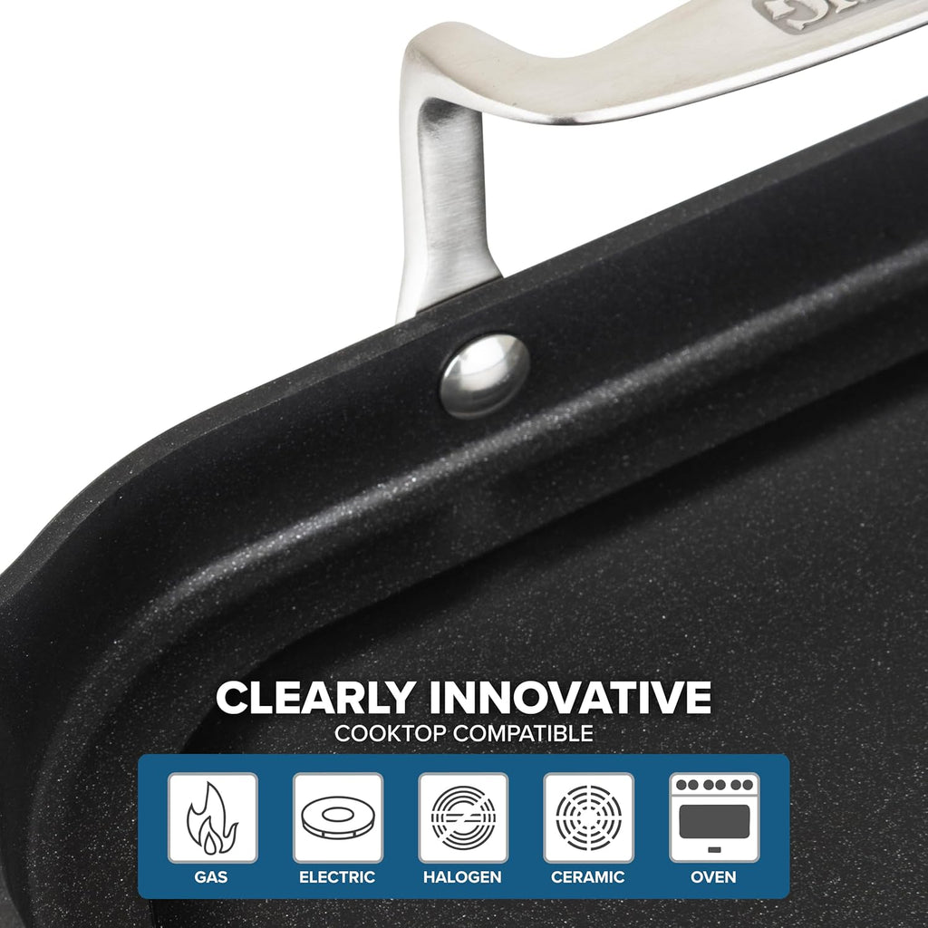 Viking Nonstick Double Burner Griddle, 19 x 11 Inch Hard Anodized Kitchen Grill Pan with Handles, Oven Safe, Works on Gas, Ceramic, and Electric Stove Top