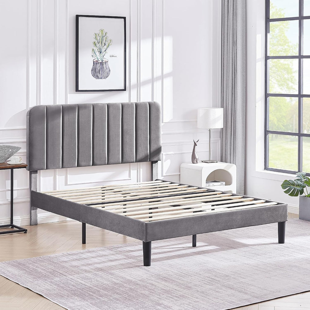 VECELO Full Size Upholstered Bed Frame with Adjustable Headboard, Velvet Platform Bedframe Mattress Foundation, Strong Wood Slat Support, No Box Spring Needed, Charcoal Grey
