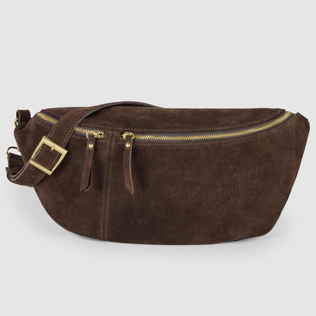 Italian Genuine Suede Crossbody Bag for Women with Zipper & Detachable Strap | Large Travel Chest Sling Fanny Pack (Chocolate)
