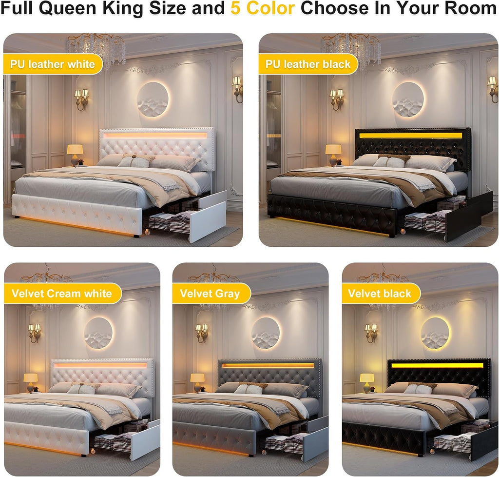 GEGOFORU King Led Bed Frame with 4 Storage Drawers, with Smart Control RGBW LED Lights Headboard Footboard, Control DIY Color, Box Spring Optional, PU Black