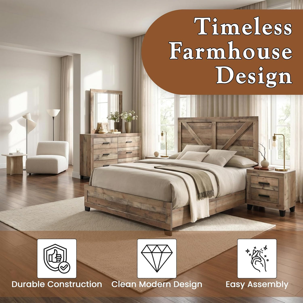 Kings Brand Furniture 6-Piece Antique Natural King Size Bedroom Set - Bed, Dresser, Mirror, Chest and 2 Nightstands