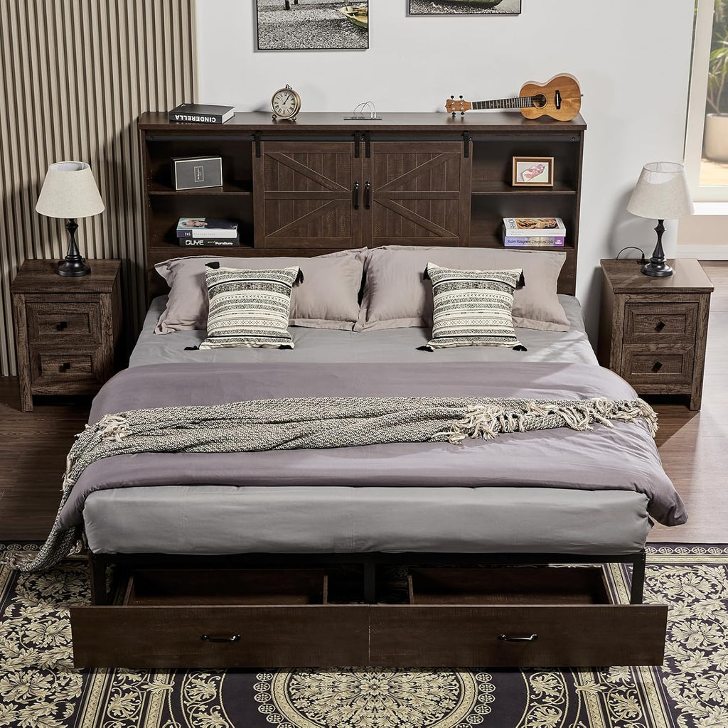 VanAcc Queen Size Bed Frame, Wooden Platform Storage Bed with 51.2' Bookcase Headboard, 2 Drawers, Charging Station/No Box Spring Needed/Noise Free(Brown)