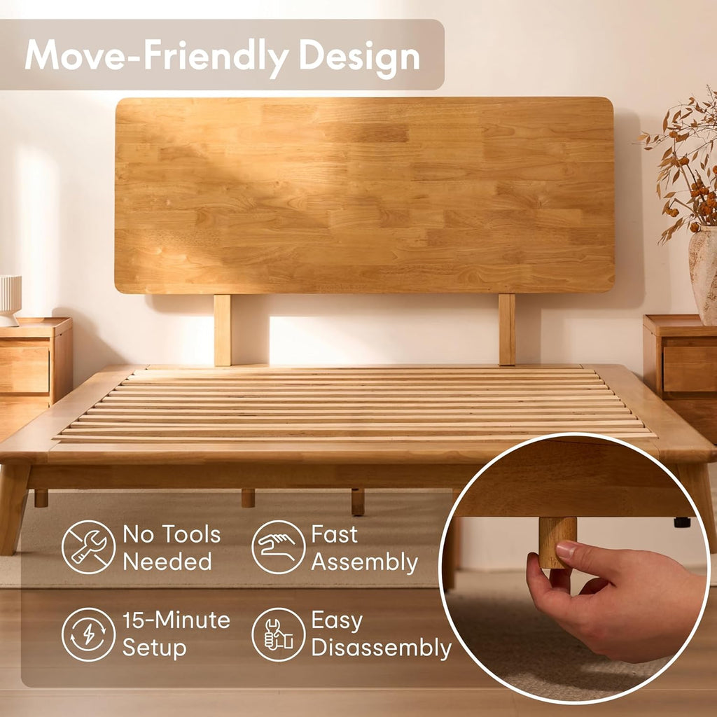 FLEXISPOT Hako G1 Solid Wood Platform Bed Frame Queen,Rubberwood,Tool-Free Assembly,Low Profile Floating,Storage Shelf&Charging Station,Modern Scandinavian Japanese Minimalist,Heavy Duty,Natural Oak