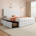 IDEALHOUSE King Size Bed Frame with 4 Storage Drawers and Headboard, Faux Leather Upholstered Platform Bed Frame with Wooden Slats Support, Button Tufted Design, No Box Spring Needed, White