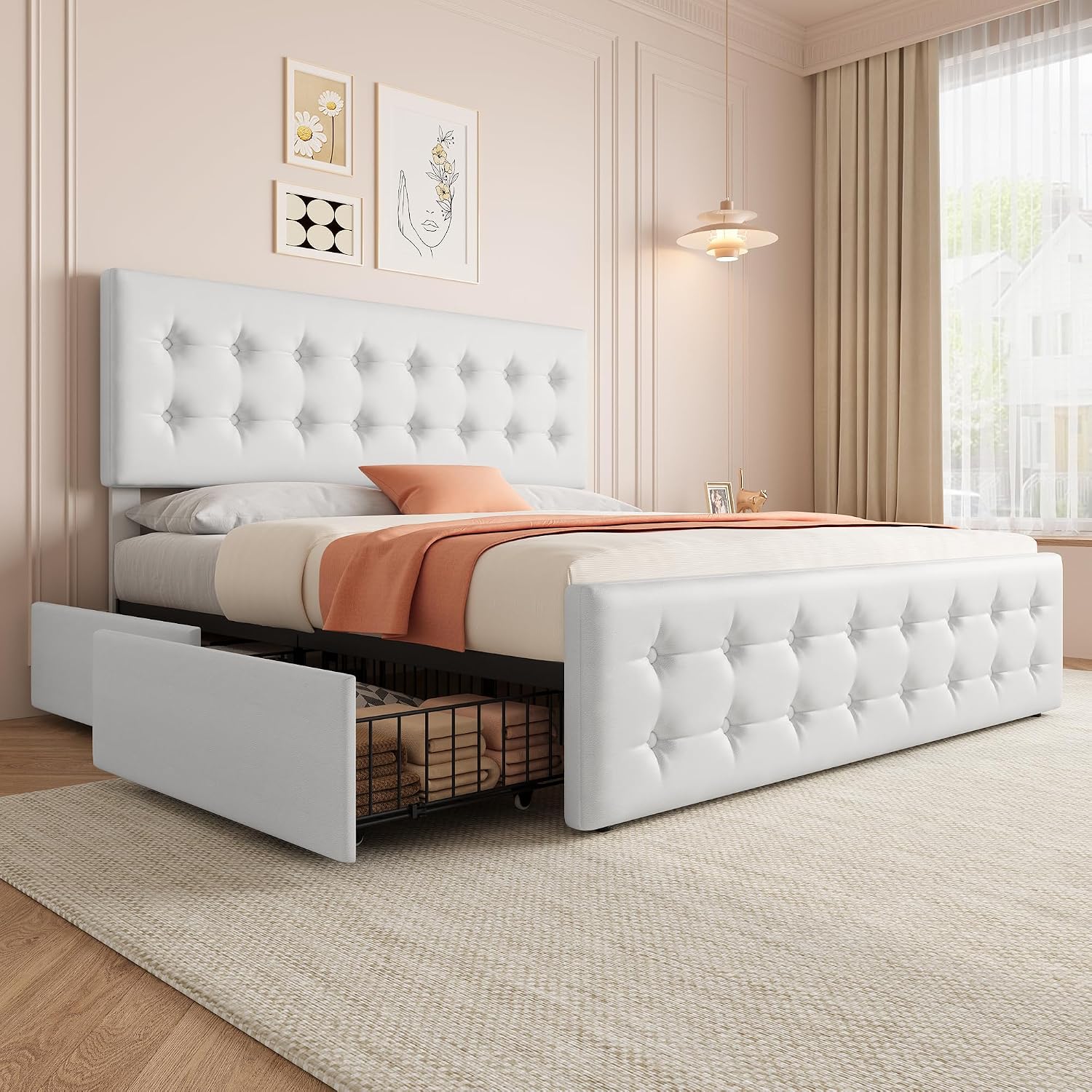 IDEALHOUSE King Size Bed Frame with 4 Storage Drawers and Headboard, Faux Leather Upholstered Platform Bed Frame with Wooden Slats Support, Button Tufted Design, No Box Spring Needed, White
