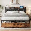 LIKIMIO Full Size Bed Frame, Storage Headboard with Charging Station, Platform Bed with Drawers, No Box Spring Needed, Easy Assembly, Industrial Brown and Black