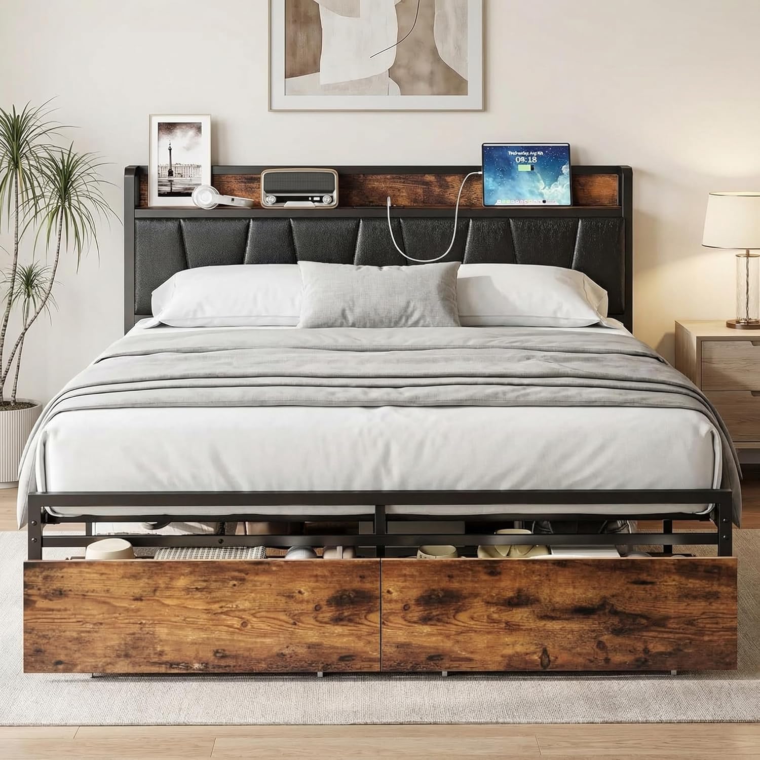 LIKIMIO Full Size Bed Frame, Storage Headboard with Charging Station, Platform Bed with Drawers, No Box Spring Needed, Easy Assembly, Industrial Brown and Black