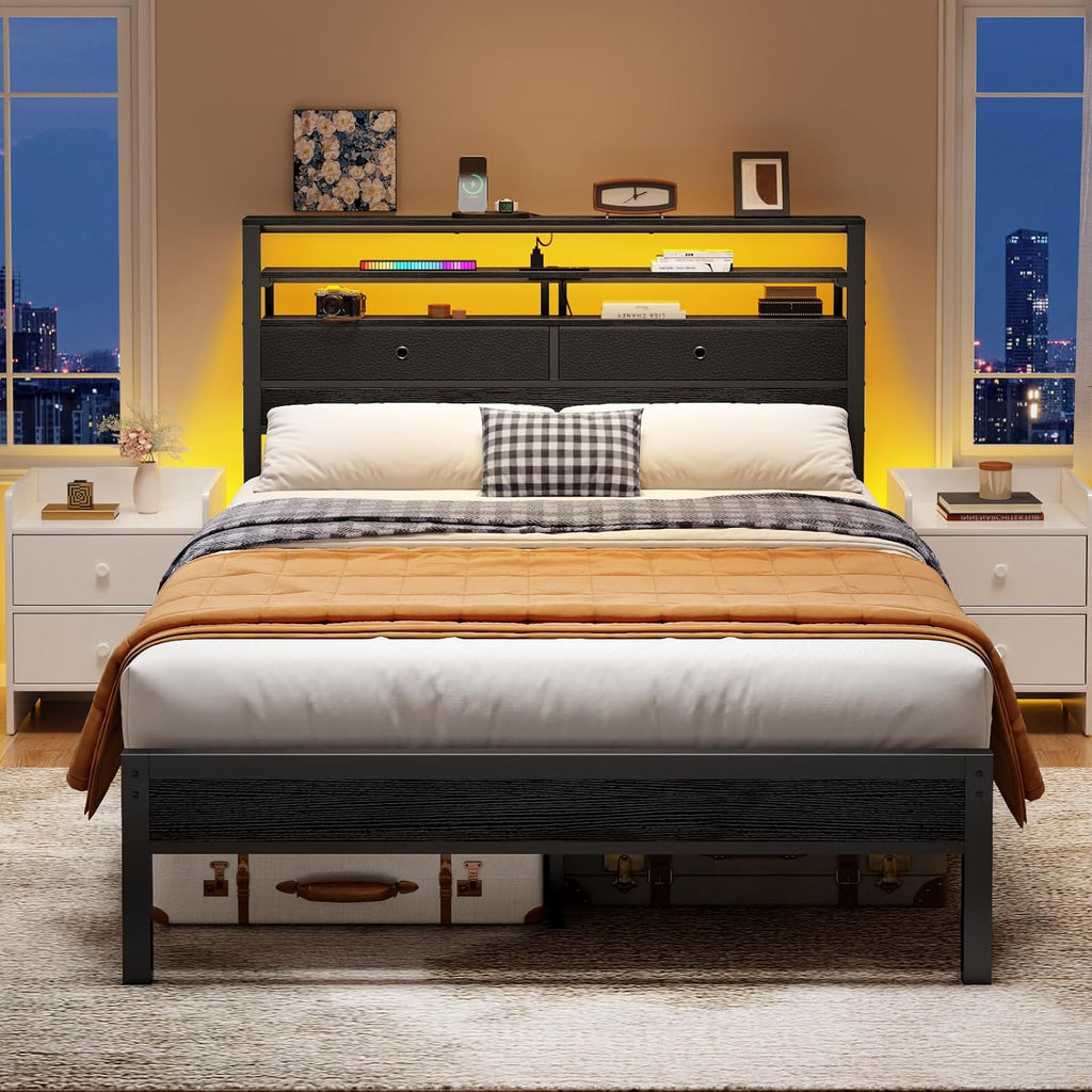 Furnulem Full Size Bed Frame with Headboard, 3-Tier Storage Shelves & 2 Fabric Drawers, Built-in Charging Station & RGB LED Lights, Metal Slat Support, No Box Spring Needed, Easy Assembly, Black Oak