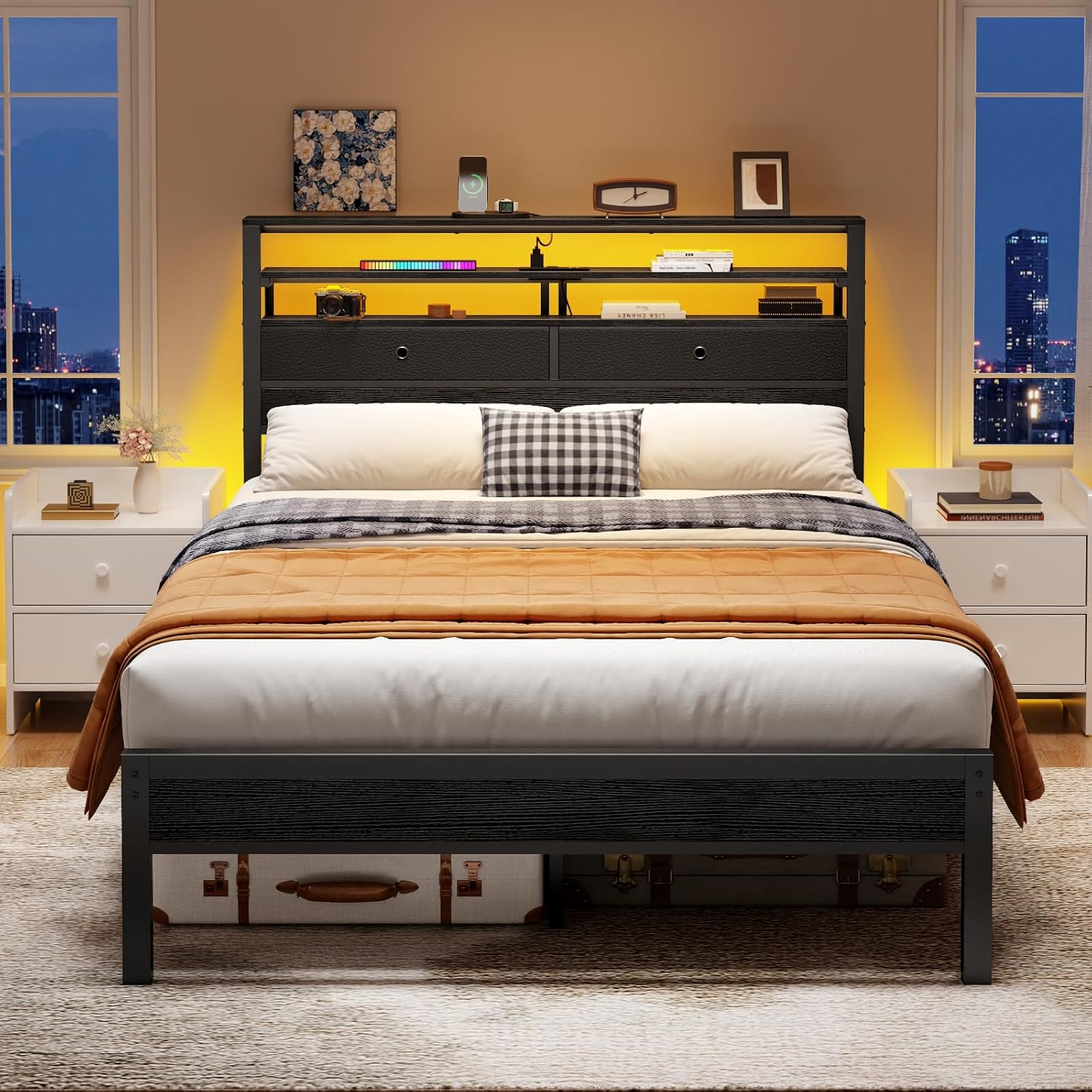 Furnulem Full Size Bed Frame with Headboard, 3-Tier Storage Shelves & 2 Fabric Drawers, Built-in Charging Station & RGB LED Lights, Metal Slat Support, No Box Spring Needed, Easy Assembly, Black Oak