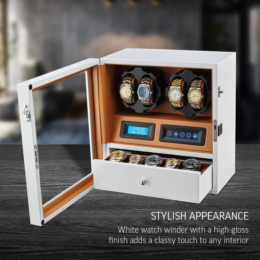 4 Watch Winder with 5 Watch Storage Space, LCD Display, Touch Control and Interior Light