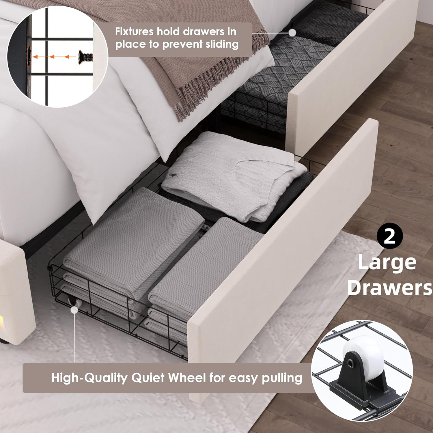 HIFIT Queen LED Bed Frame with Charging Station and 2 Storage Drawers, Velvet Upholstered Platform Bed with Handcrafted Crystal Button Wingback Headboard, Metal Frame with No Box Spring Needed, Beige